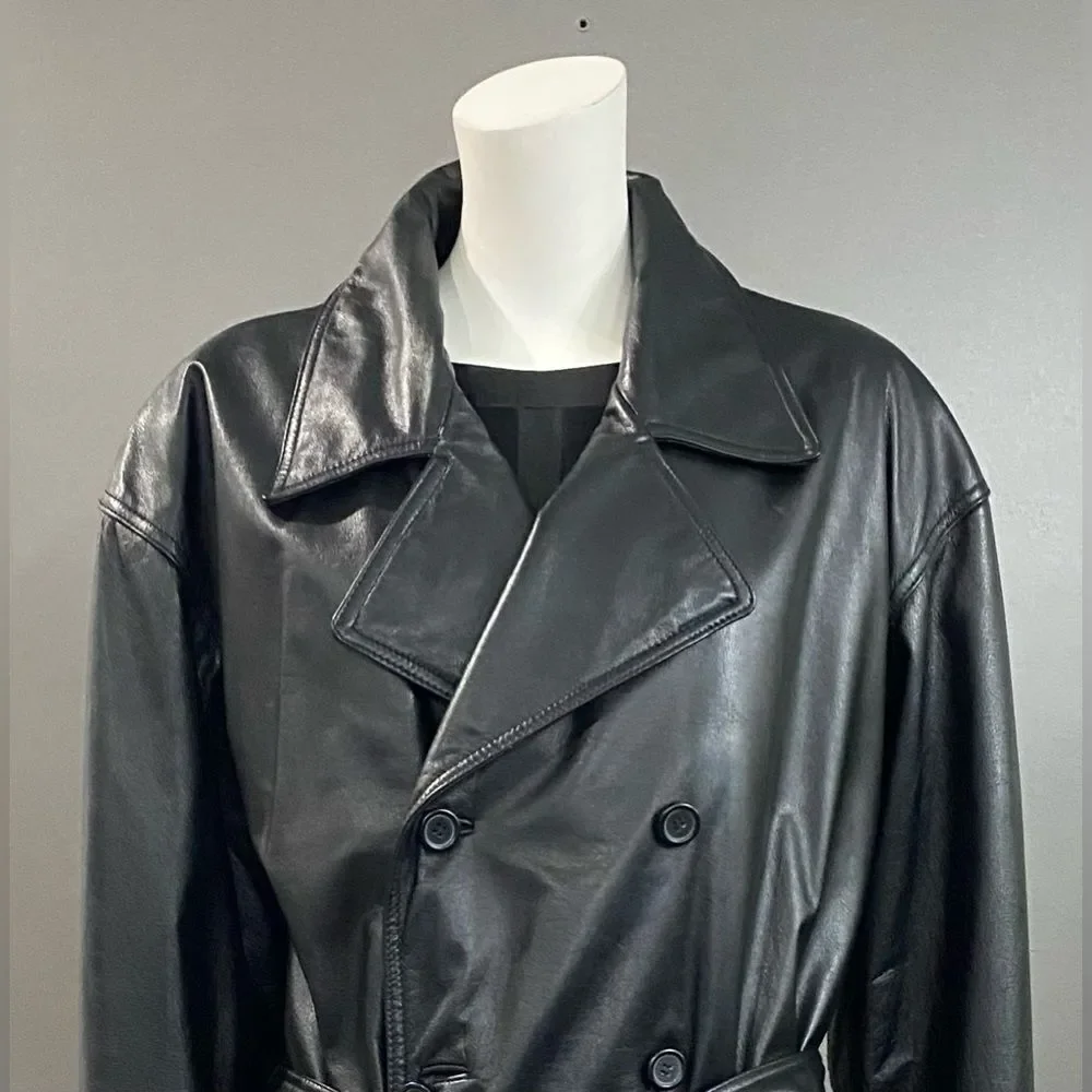 Wilson’s Blk Leather Double Breasted Belted Button Up Full Length Trench Coat M - Picture 4 of 14